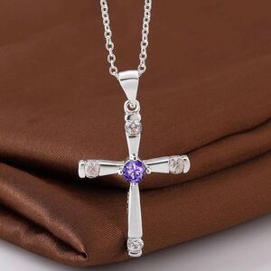 Silver Cross Necklace with Purple Center Stone